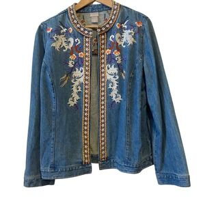 Chico's Denim Jacket Size 2 Large Embroidered Blue Boho Western Open Festival